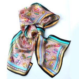 Multi Cat Silk Scarf With Pale Pink Background